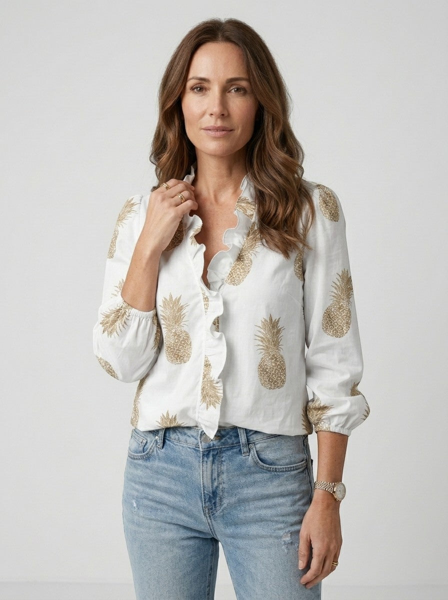 Blusa ligera de tela suave para mujer | Top romántico con cuello con volantes y mangas abullonadas