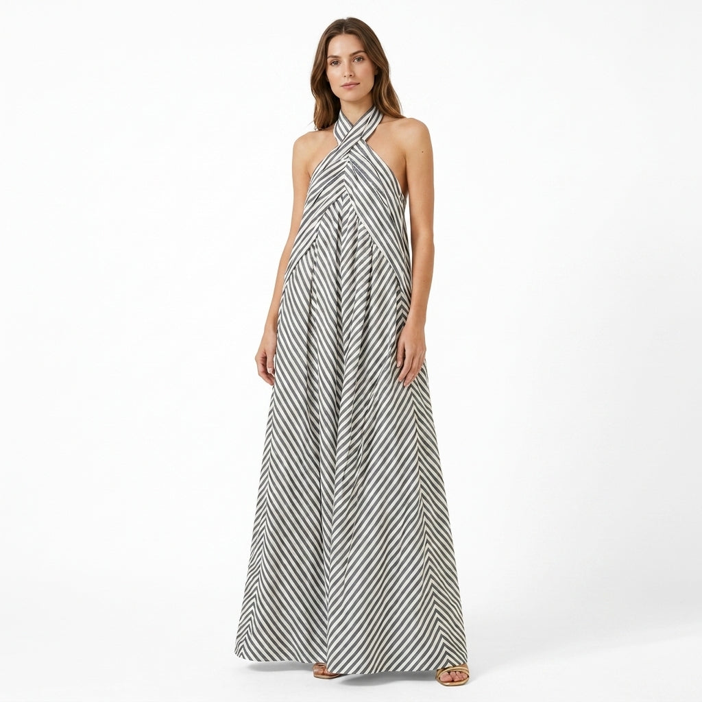 Womens Lightweight Striped Maxi Dress | Elegant Halter Neck Summer Gown 2