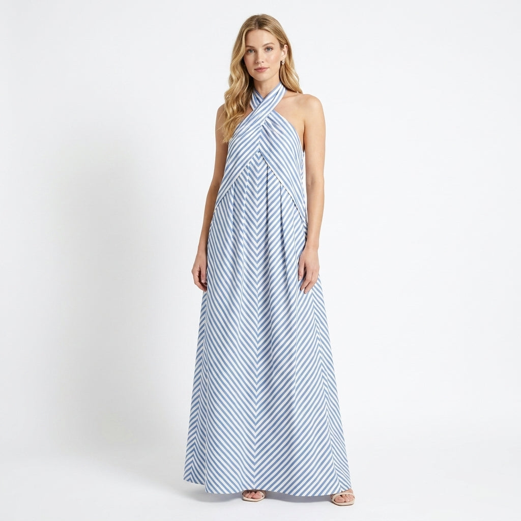 Womens Lightweight Striped Maxi Dress | Elegant Halter Neck Summer Gown 3