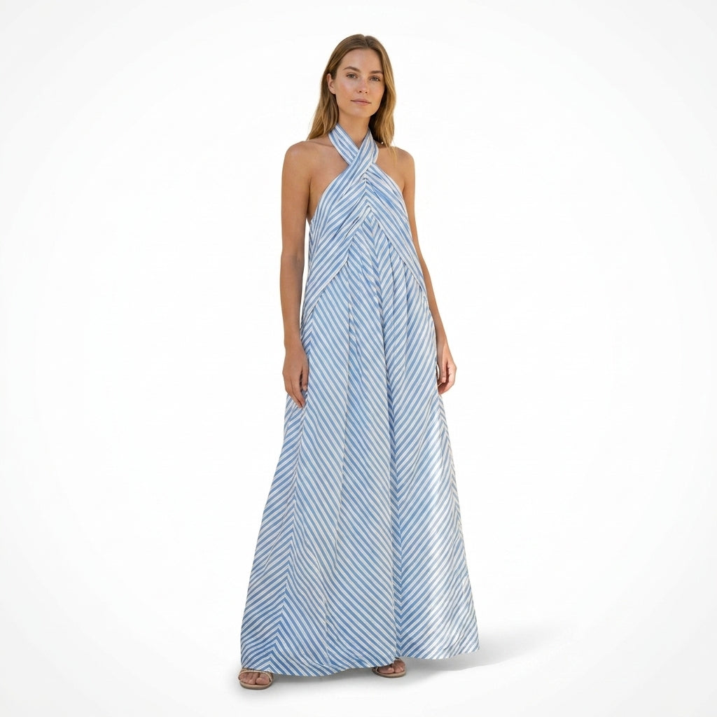 Womens Lightweight Striped Maxi Dress | Elegant Halter Neck Summer Gown 4