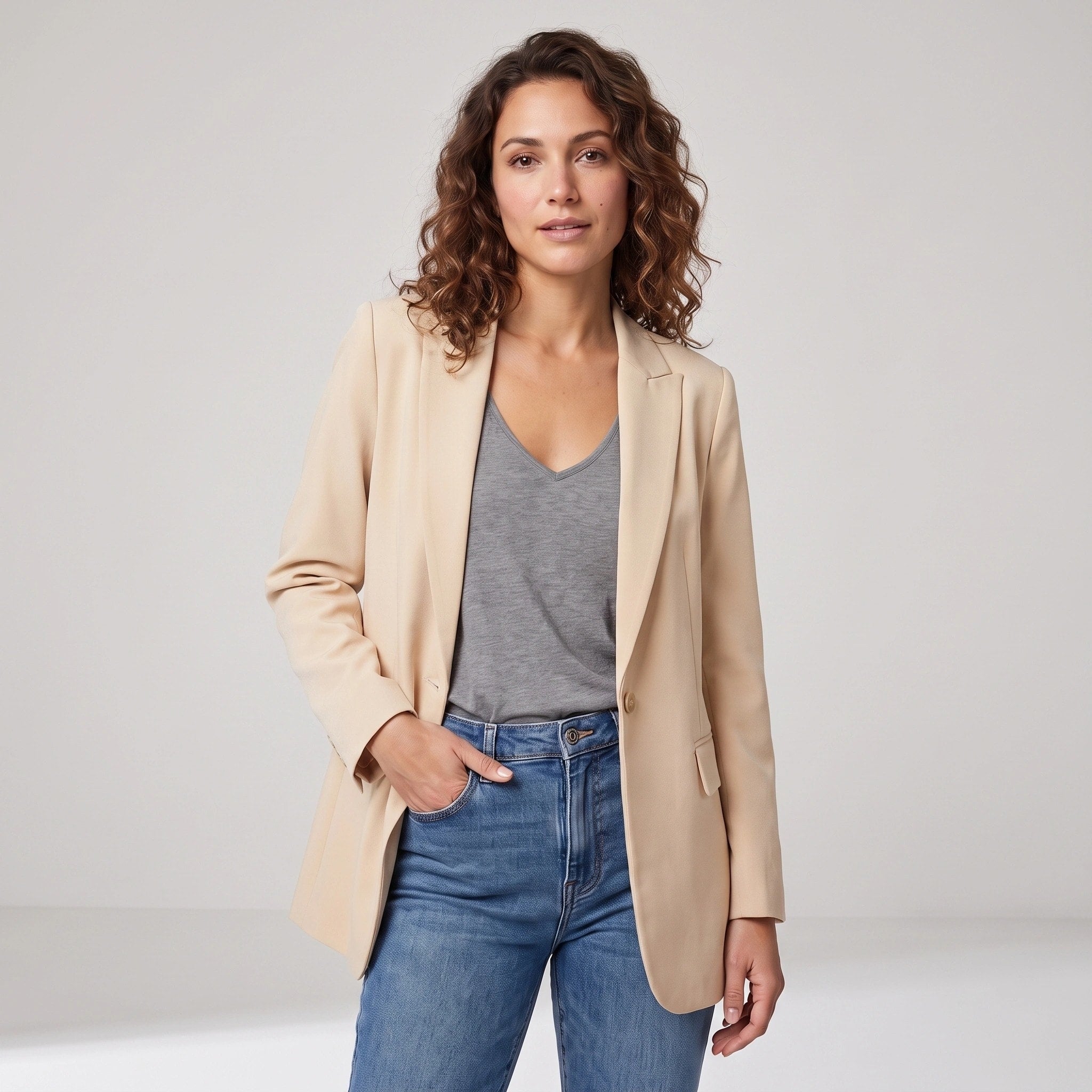 Blazer long pour femme à ouverture avant avec col à revers et coupe ajustée