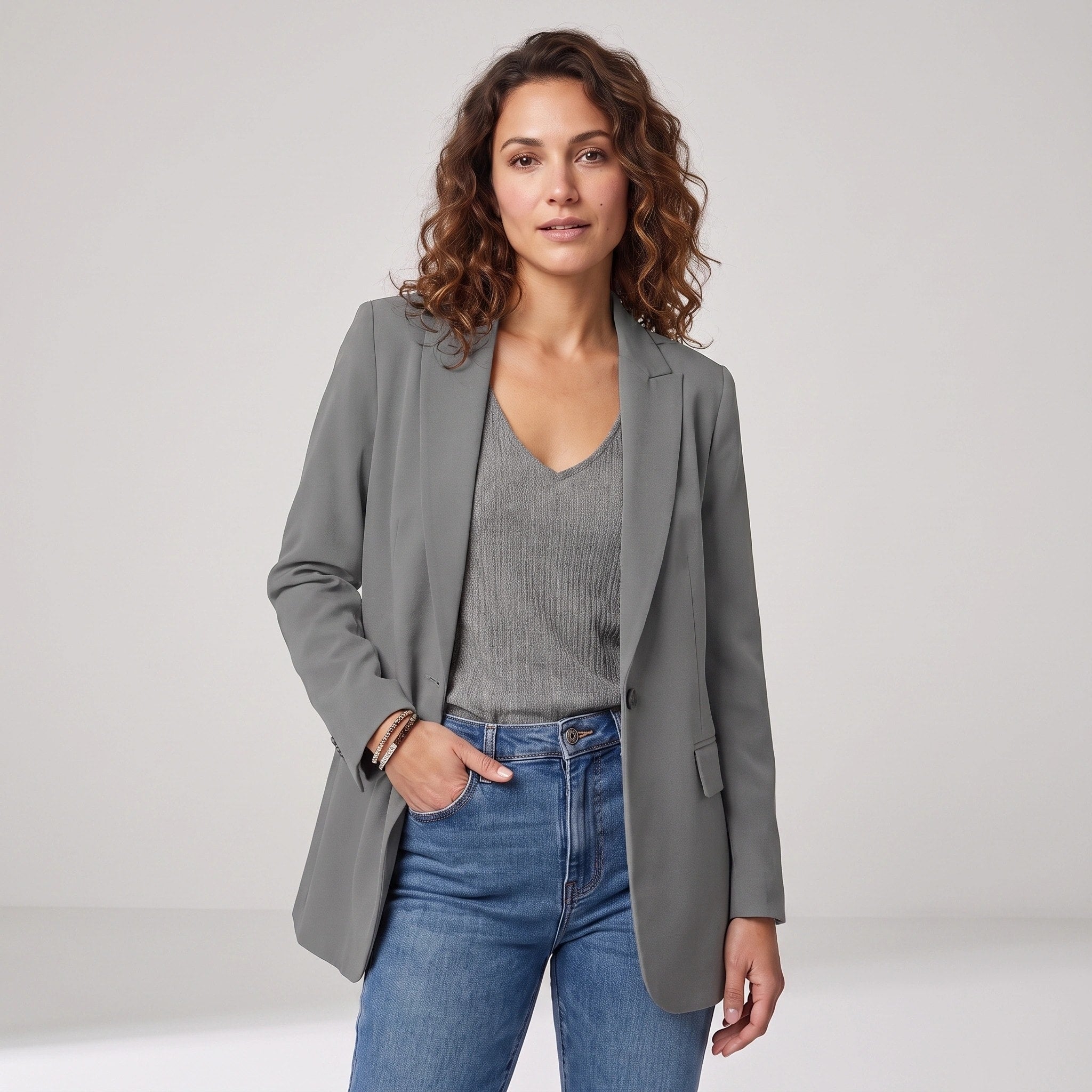 Blazer long pour femme à ouverture avant avec col à revers et coupe ajustée