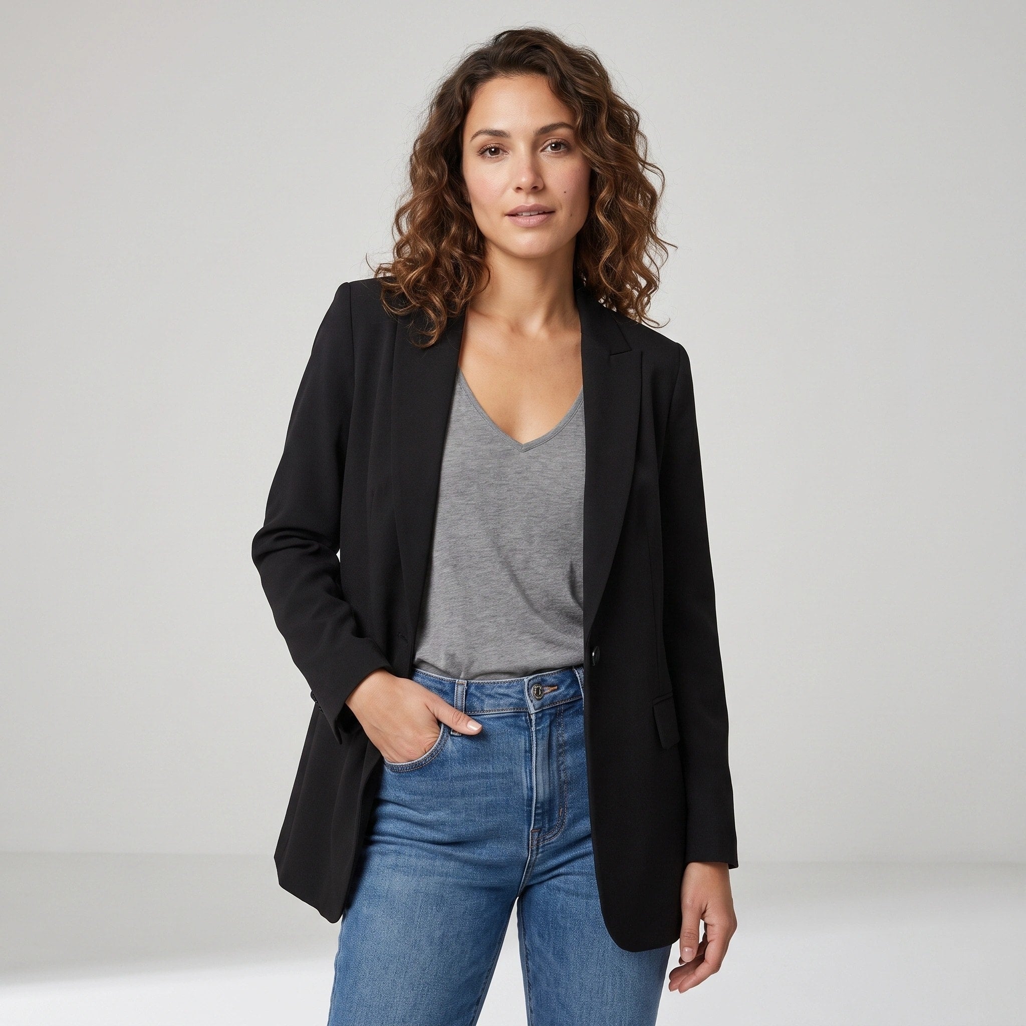 Blazer long pour femme à ouverture avant avec col à revers et coupe ajustée
