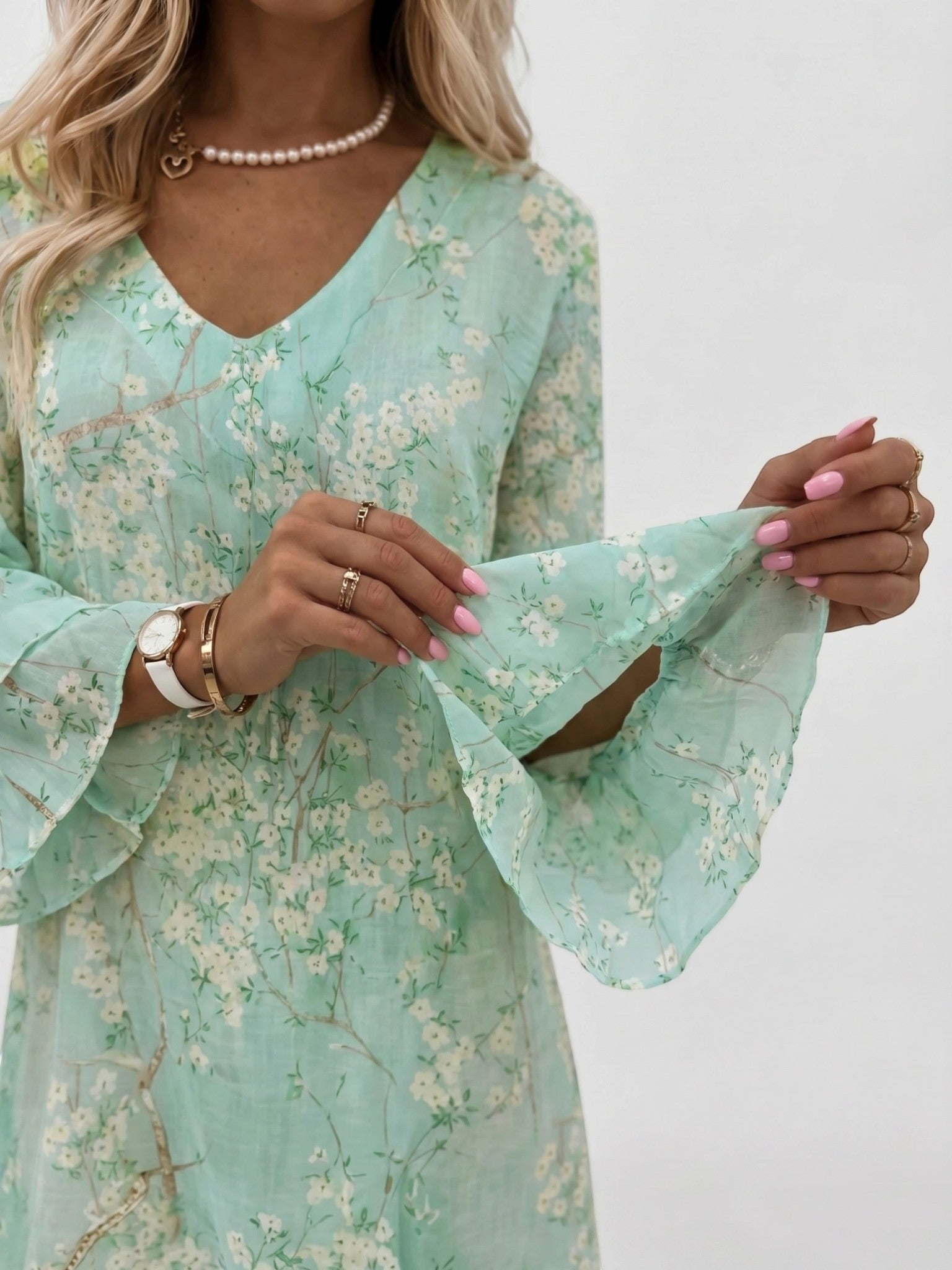 Vestido corto para mujer con estampado de mármol | Vestido de verano suelto y fluido con mangas acampanadas