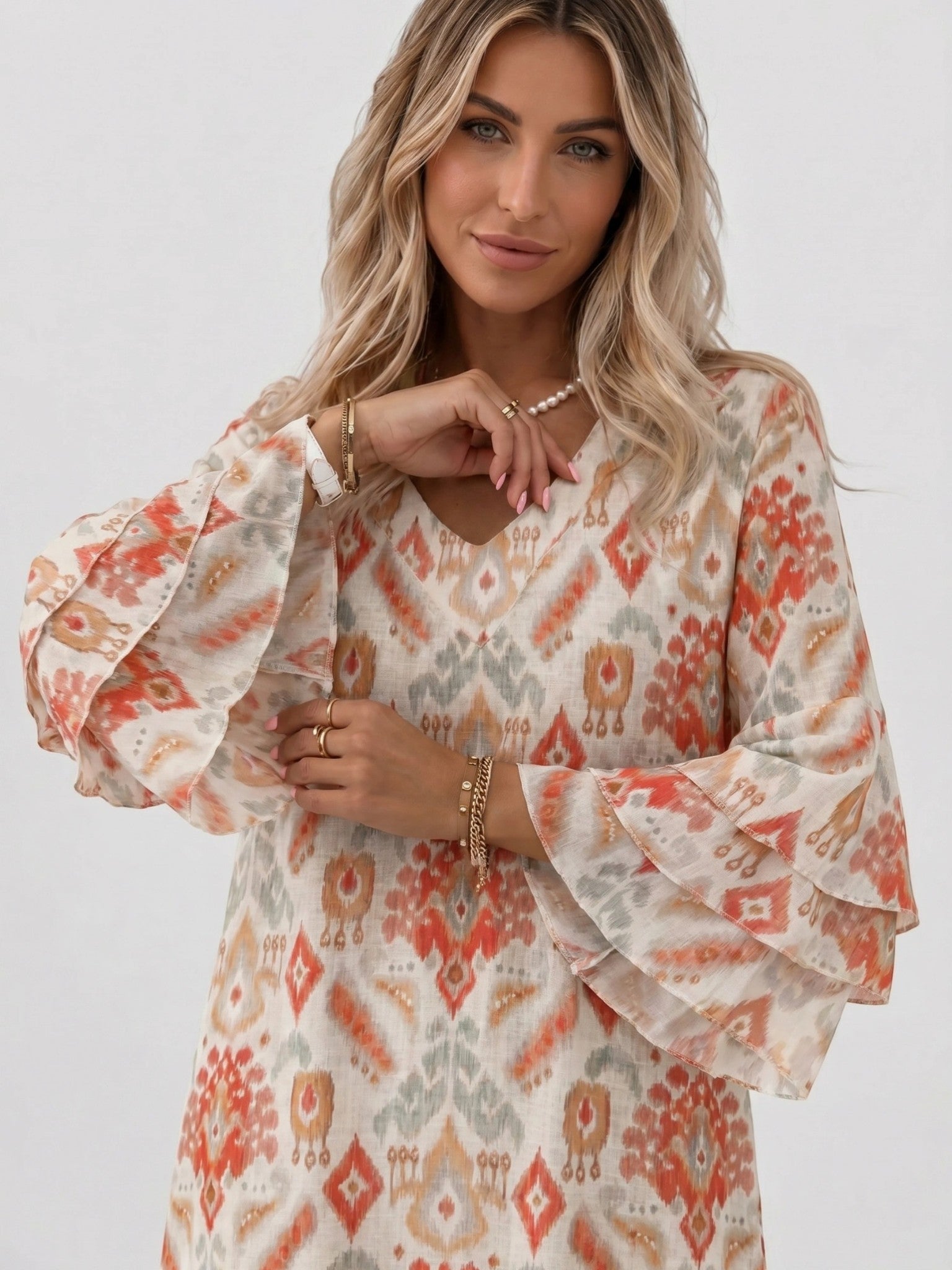 Vestido corto para mujer con estampado de mármol | Vestido de verano suelto y fluido con mangas acampanadas