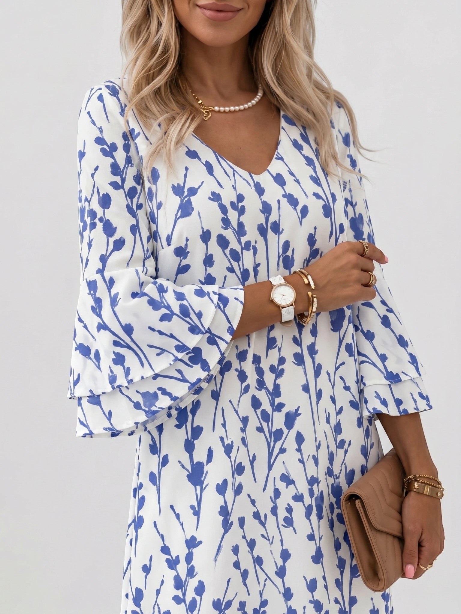 Vestido corto para mujer con estampado de mármol | Vestido de verano suelto y fluido con mangas acampanadas