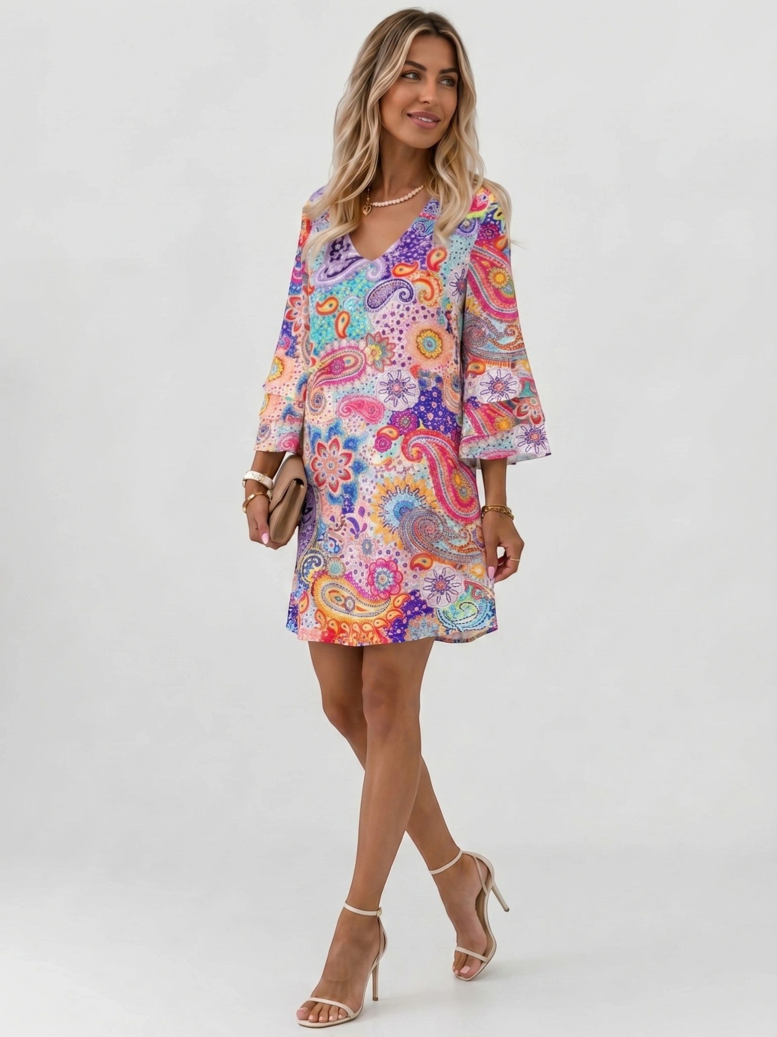 Vestido corto para mujer con estampado de mármol | Vestido de verano suelto y fluido con mangas acampanadas