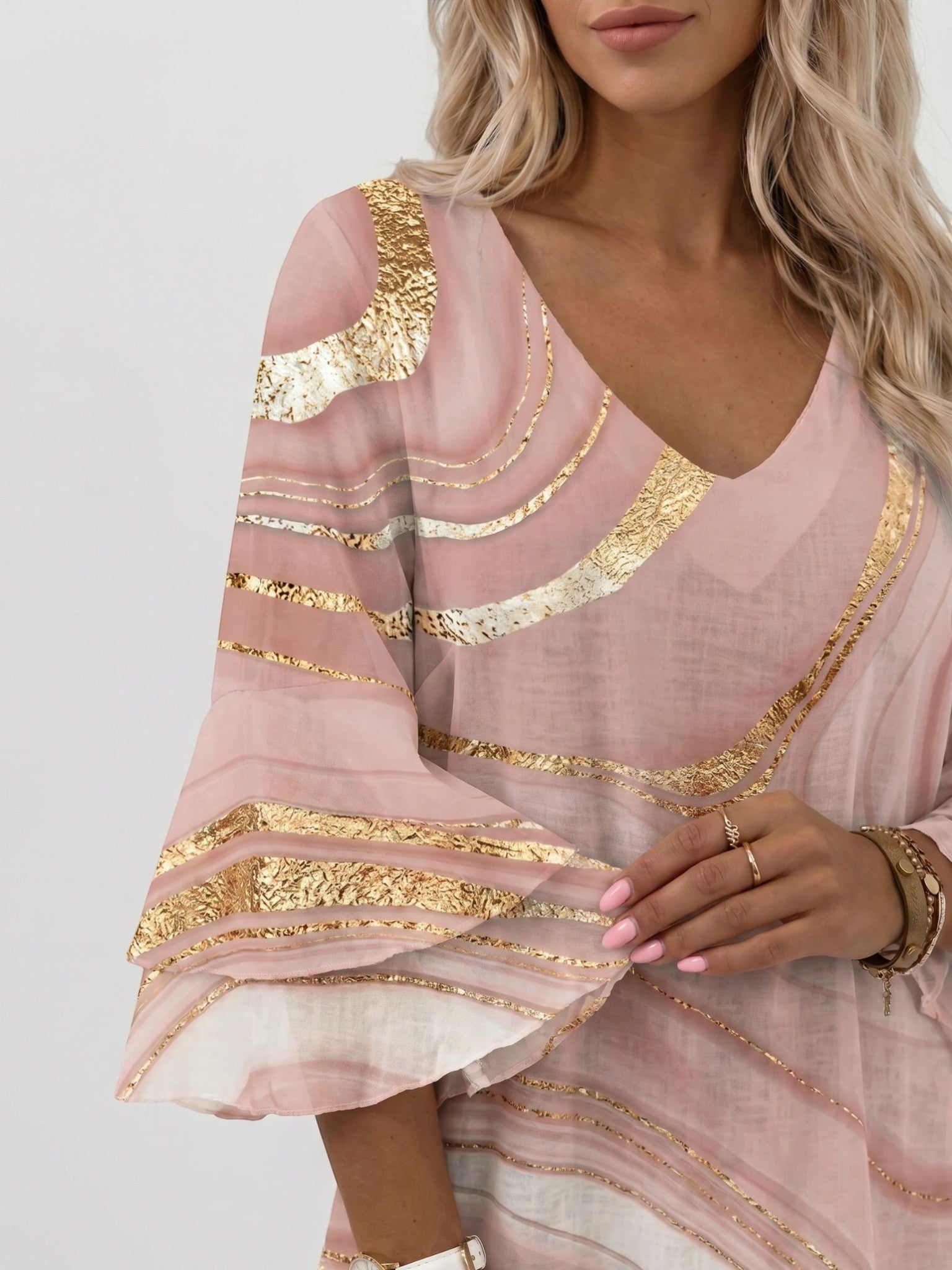Vestido corto para mujer con estampado de mármol | Vestido de verano suelto y fluido con mangas acampanadas
