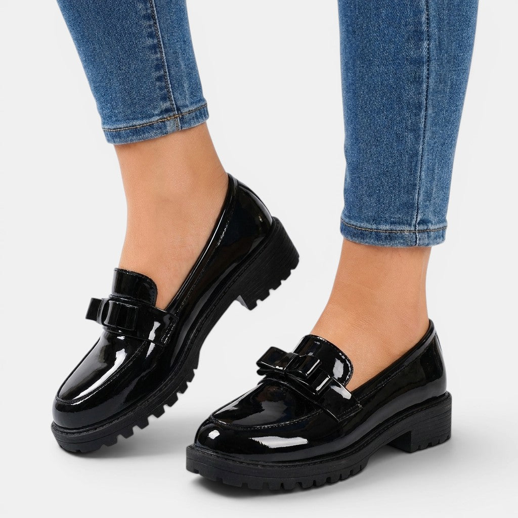 Womens Patent Leather Chunky Loafers | Elegant Slip-On Orthopedic Shoes with Bow Detail 3