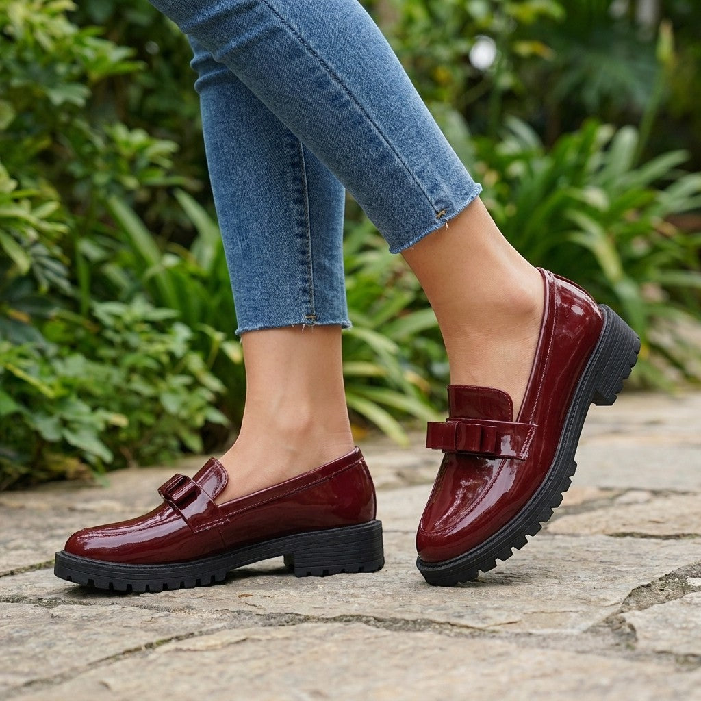 Womens Patent Leather Chunky Loafers | Elegant Slip-On Orthopedic Shoes with Bow Detail 1