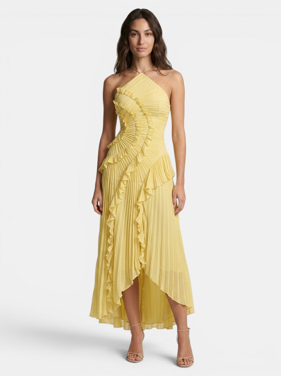Women's Pleated Fabric Maxi Dress | Elegant Halter Neck Ruffled Summer Gown