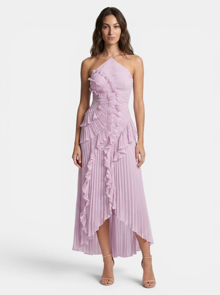 Women's Pleated Fabric Maxi Dress | Elegant Halter Neck Ruffled Summer Gown