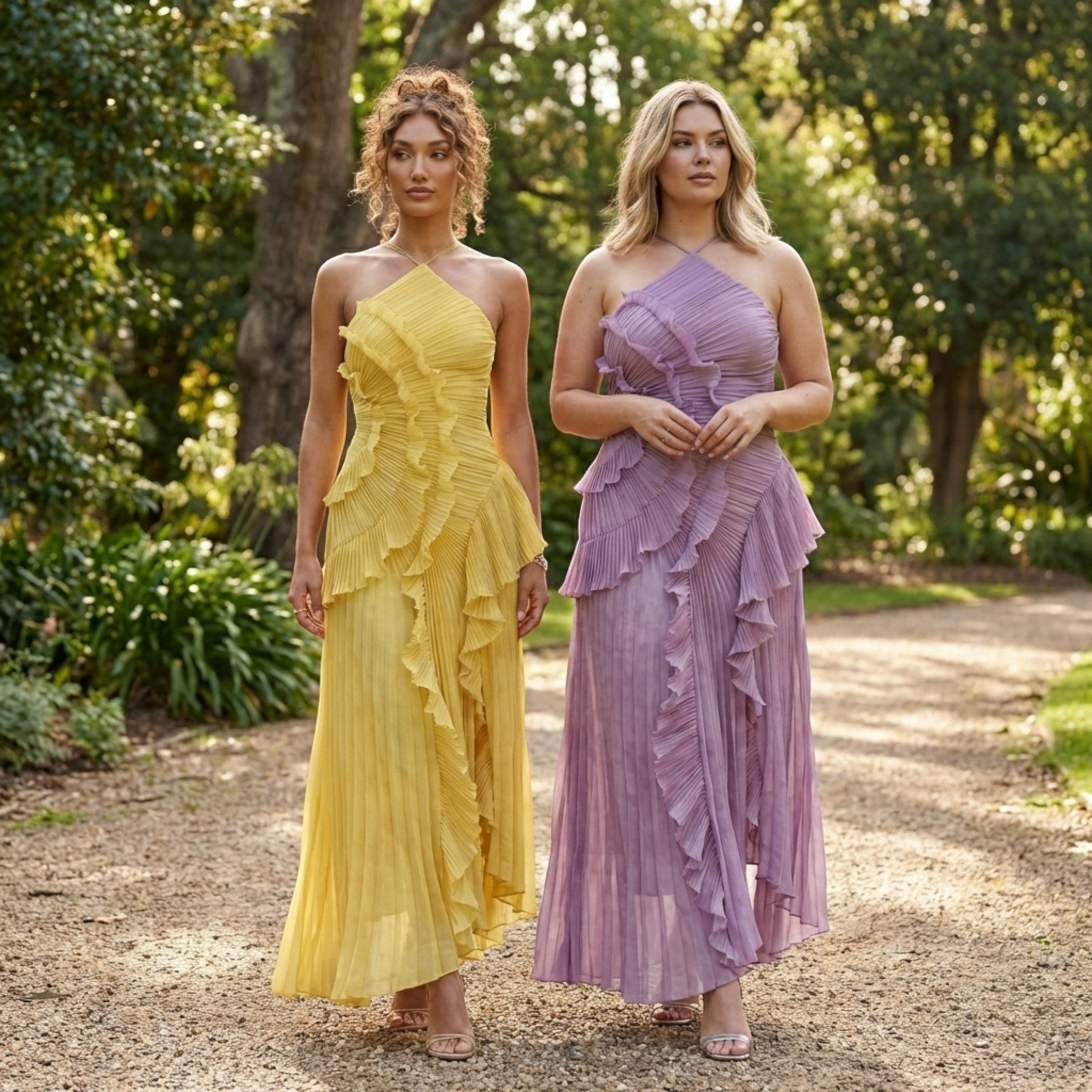 Womens Pleated Fabric Maxi Dress | Elegant Halter Neck Ruffled Summer Gown 4