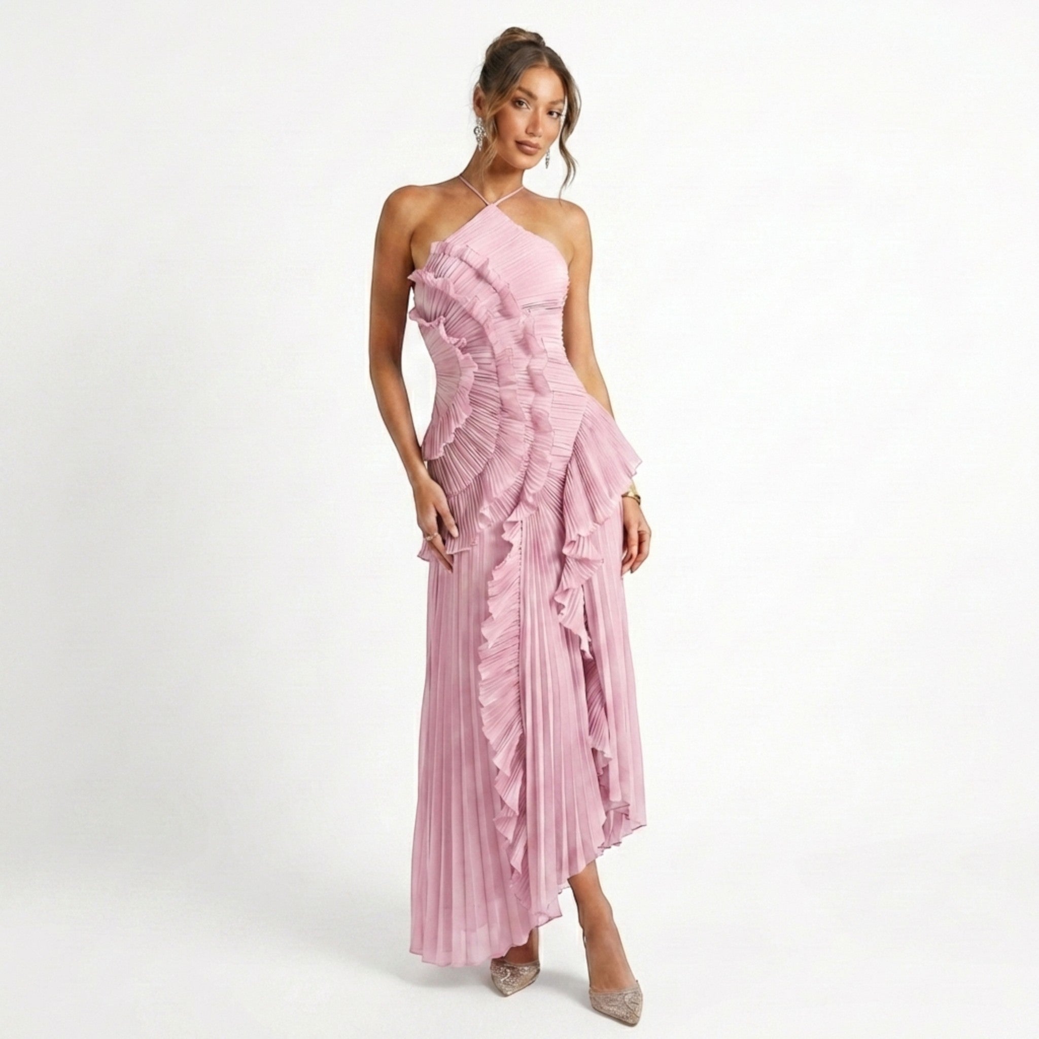 Womens Pleated Fabric Maxi Dress | Elegant Halter Neck Ruffled Summer Gown 2