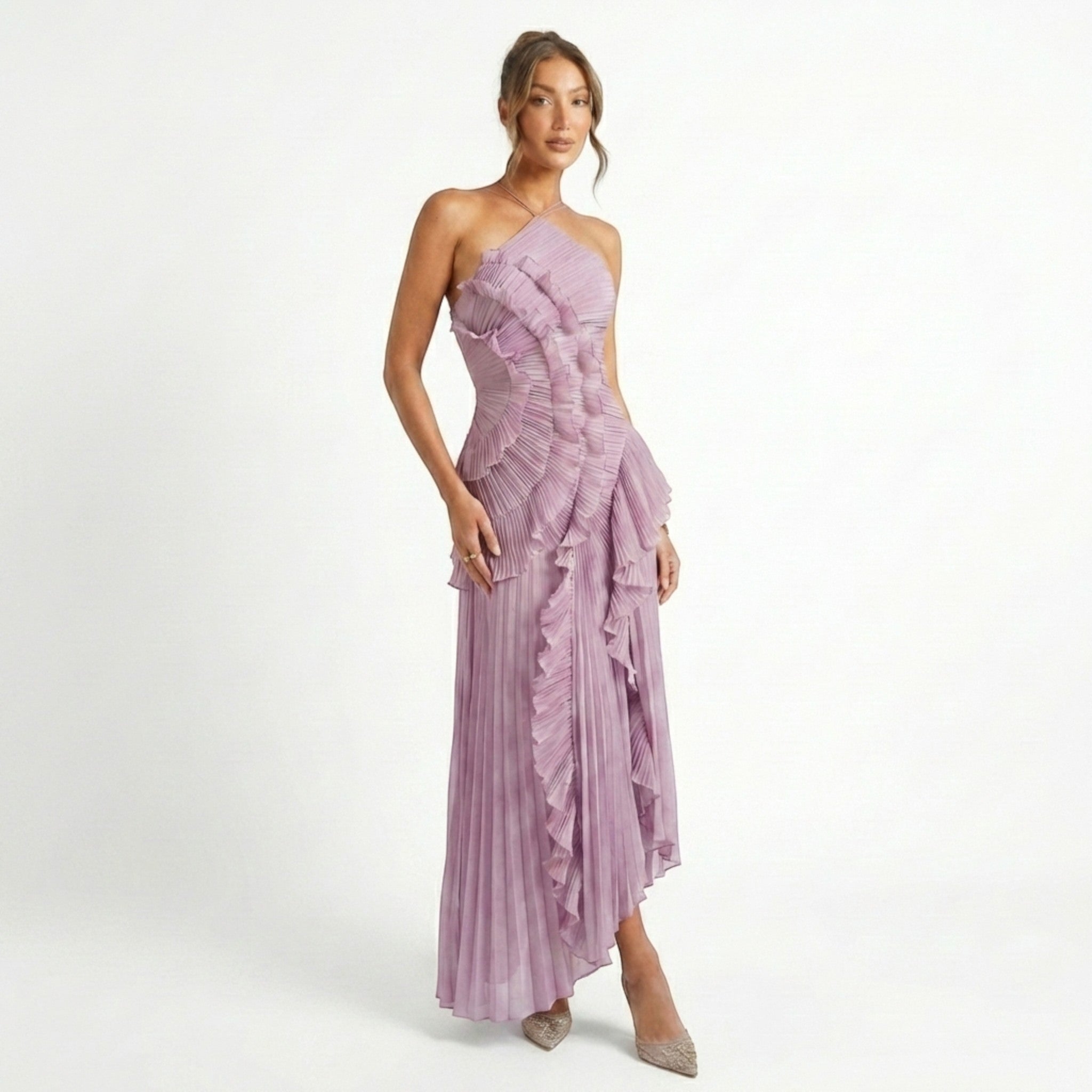 Womens Pleated Fabric Maxi Dress | Elegant Halter Neck Ruffled Summer Gown 3