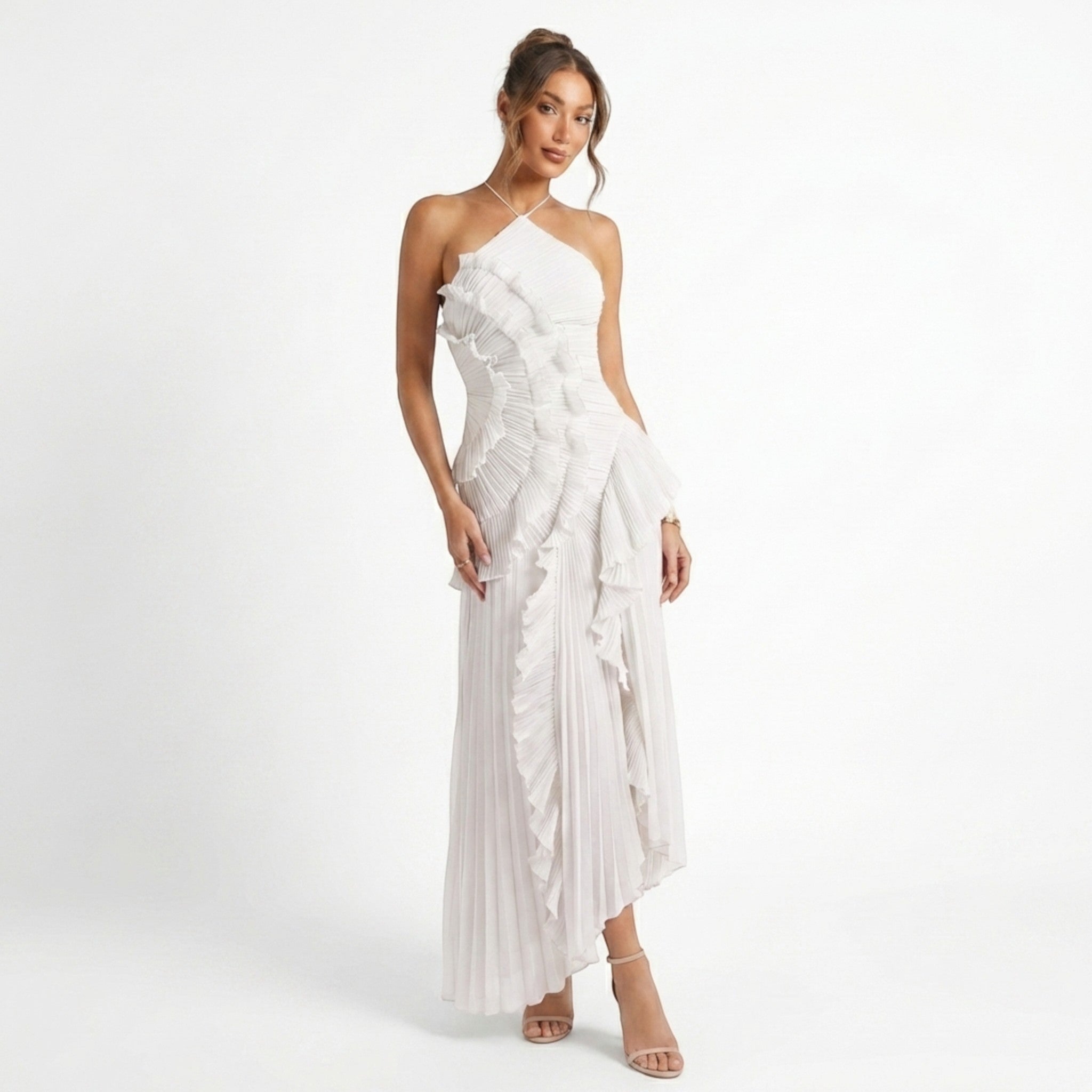 Womens Pleated Fabric Maxi Dress | Elegant Halter Neck Ruffled Summer Gown 5