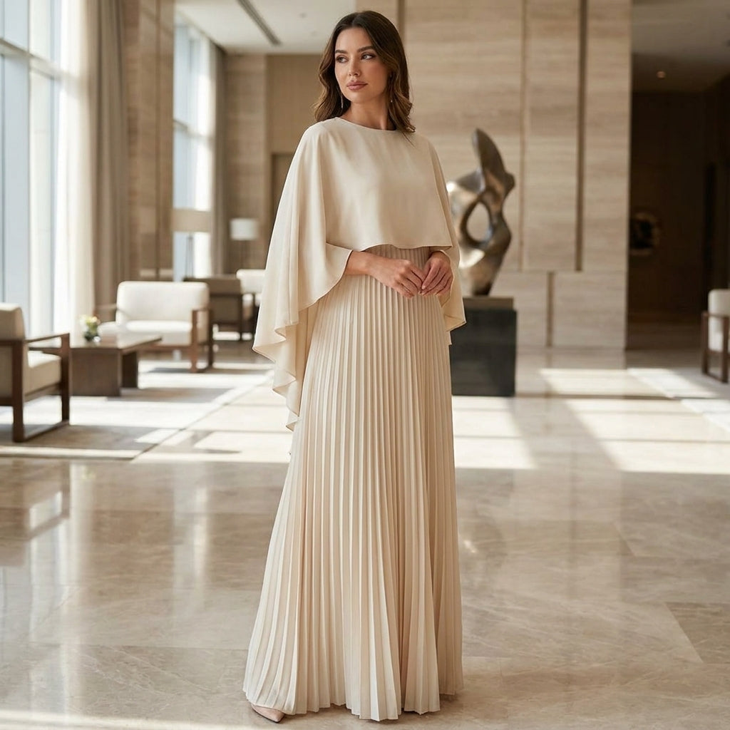 Abito lungo plissettato da donna | Elegante abito con maniche a mantella per invitata a matrimonio