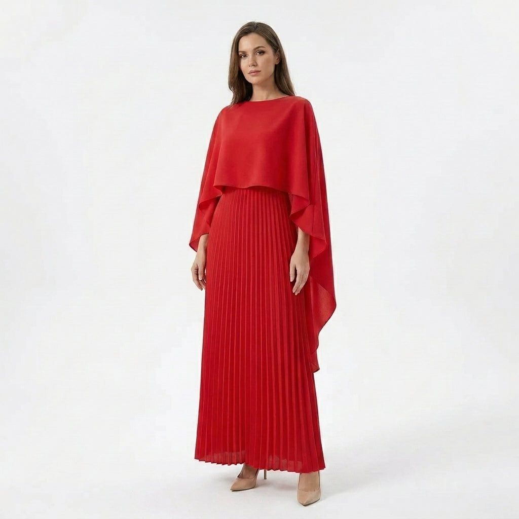 Abito lungo plissettato da donna | Elegante abito con maniche a mantella per invitata a matrimonio