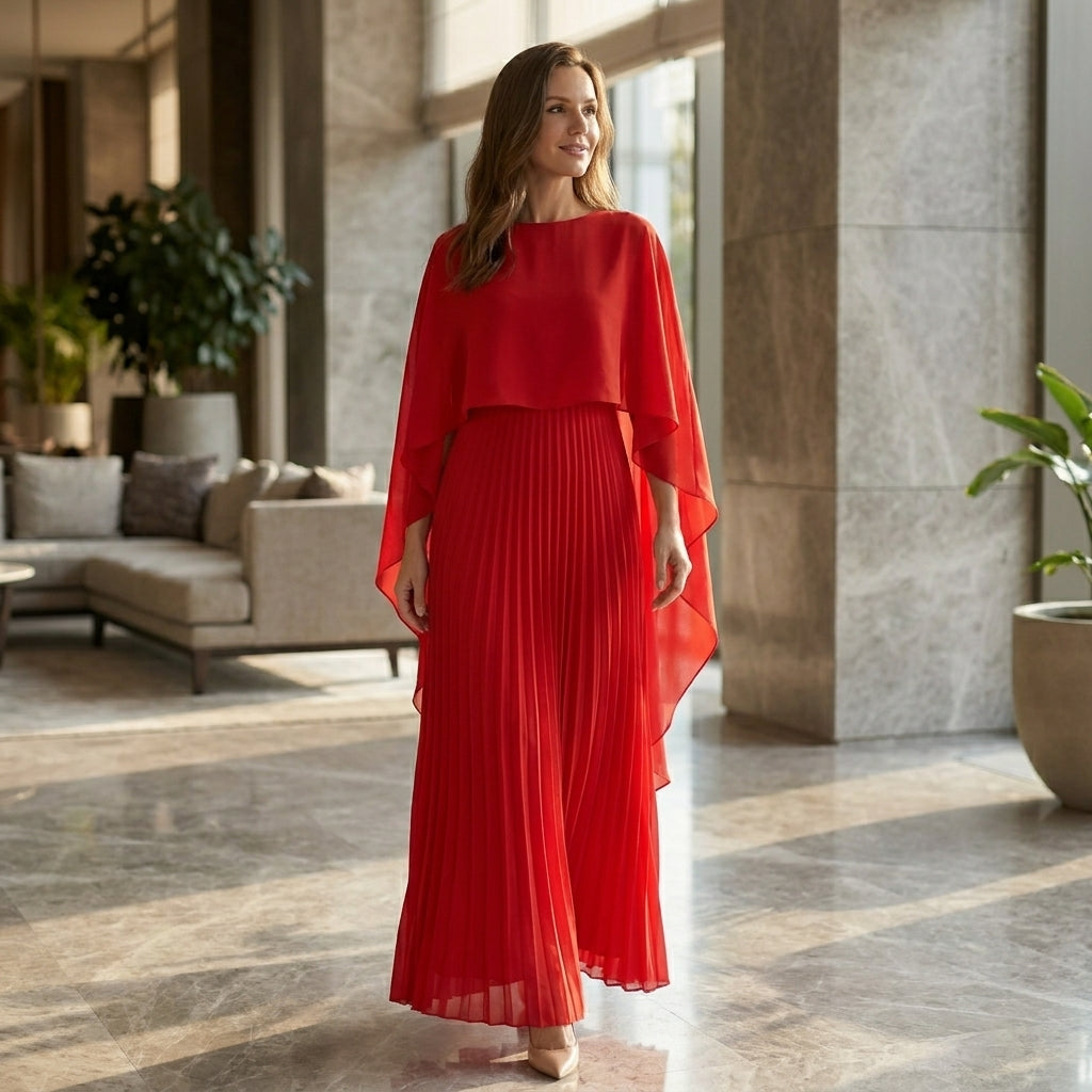 Vestido Maxi Plisado para Mujer | Vestido Elegante con Mangas de Capa para Invitada de Boda