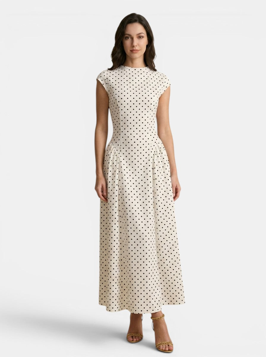 Robe maxi à pois pour femme | Robe d'été élégante à col montant, manches courtes et jupe ample