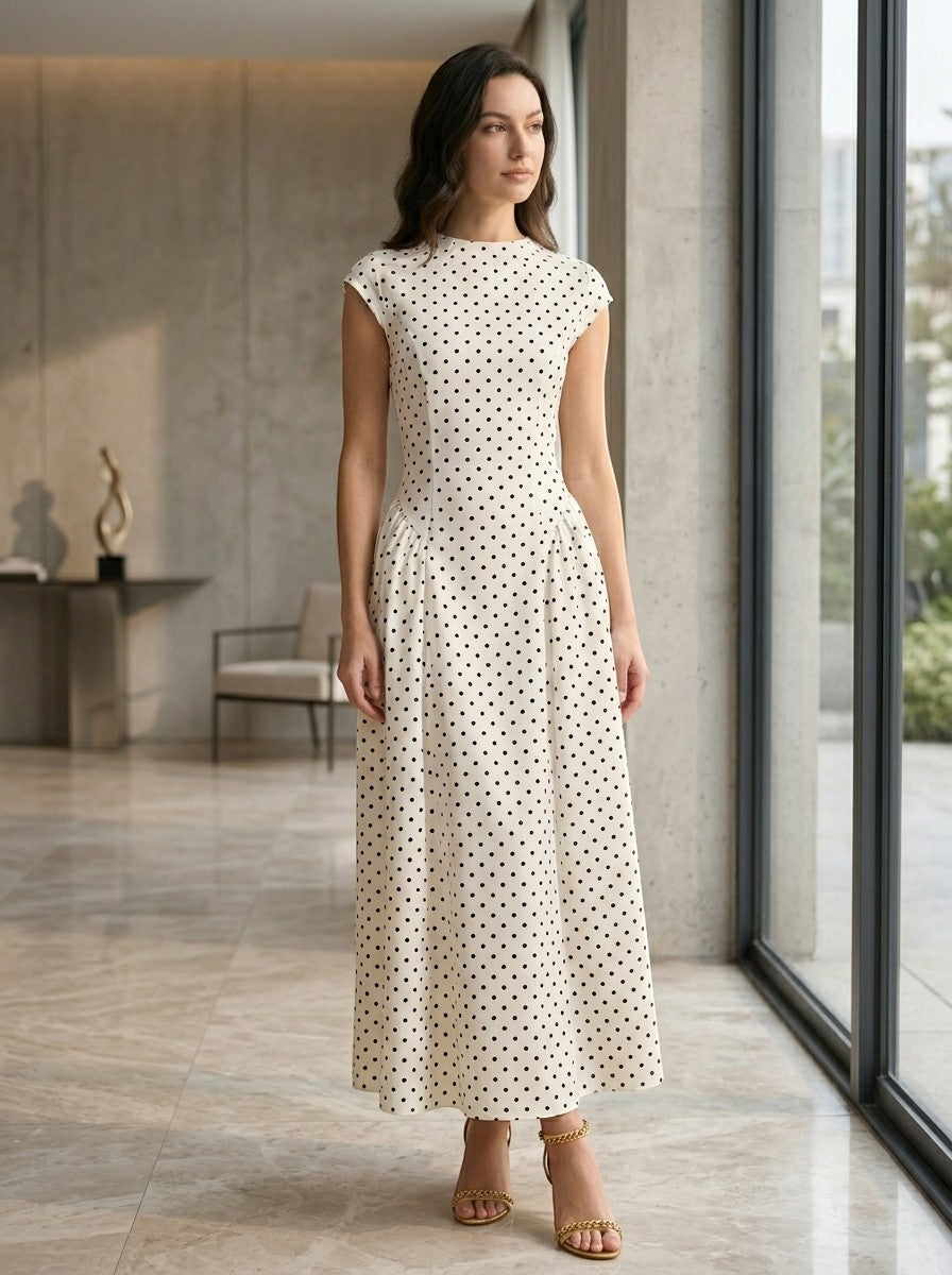 Women's Polka Dot Maxi Dress | Elegant High Neck Cap Sleeve Full Skirt Summer Dress