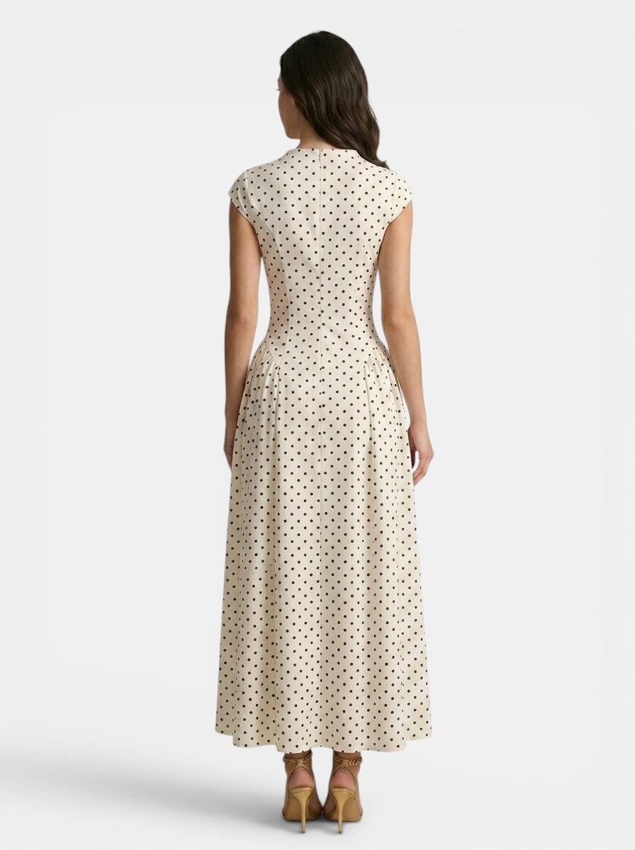 Robe maxi à pois pour femme | Robe d'été élégante à col montant, manches courtes et jupe ample