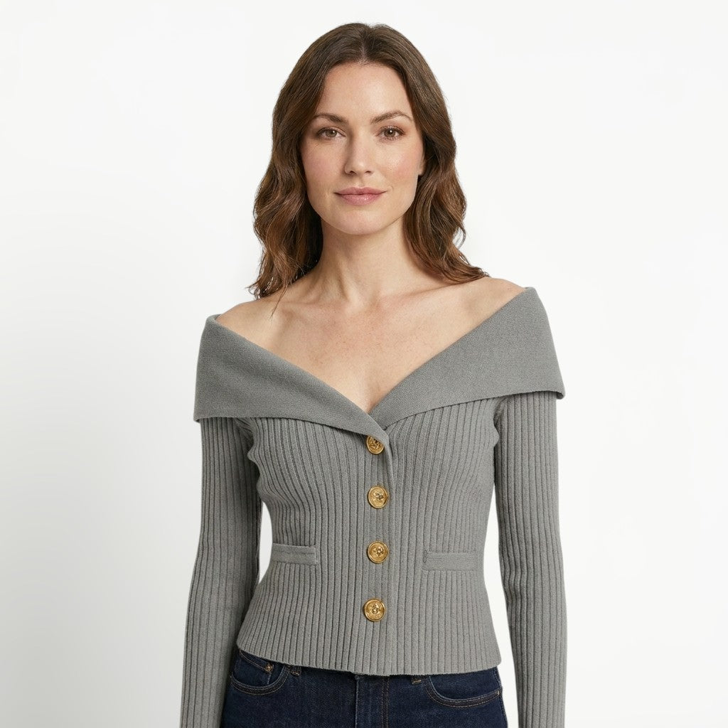 Womens Ribbed Knit Off-Shoulder Cardigan | Elegant Slim-Fit Sweater for Autumn and Winter 19