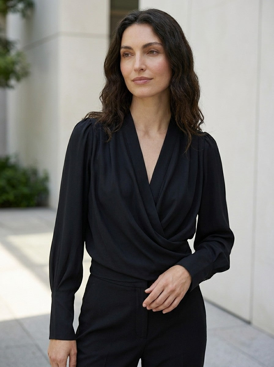 Womens Satin Blouse | Elegant V-Neck Puff Sleeve Top | Flattering Pleated Waist 1