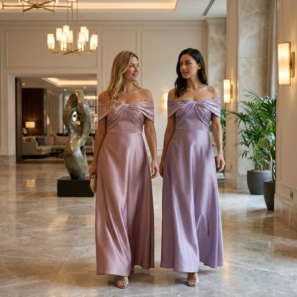 Womens Satin Maxi Dress | Elegant Off-Shoulder Wedding Guest Gown 2