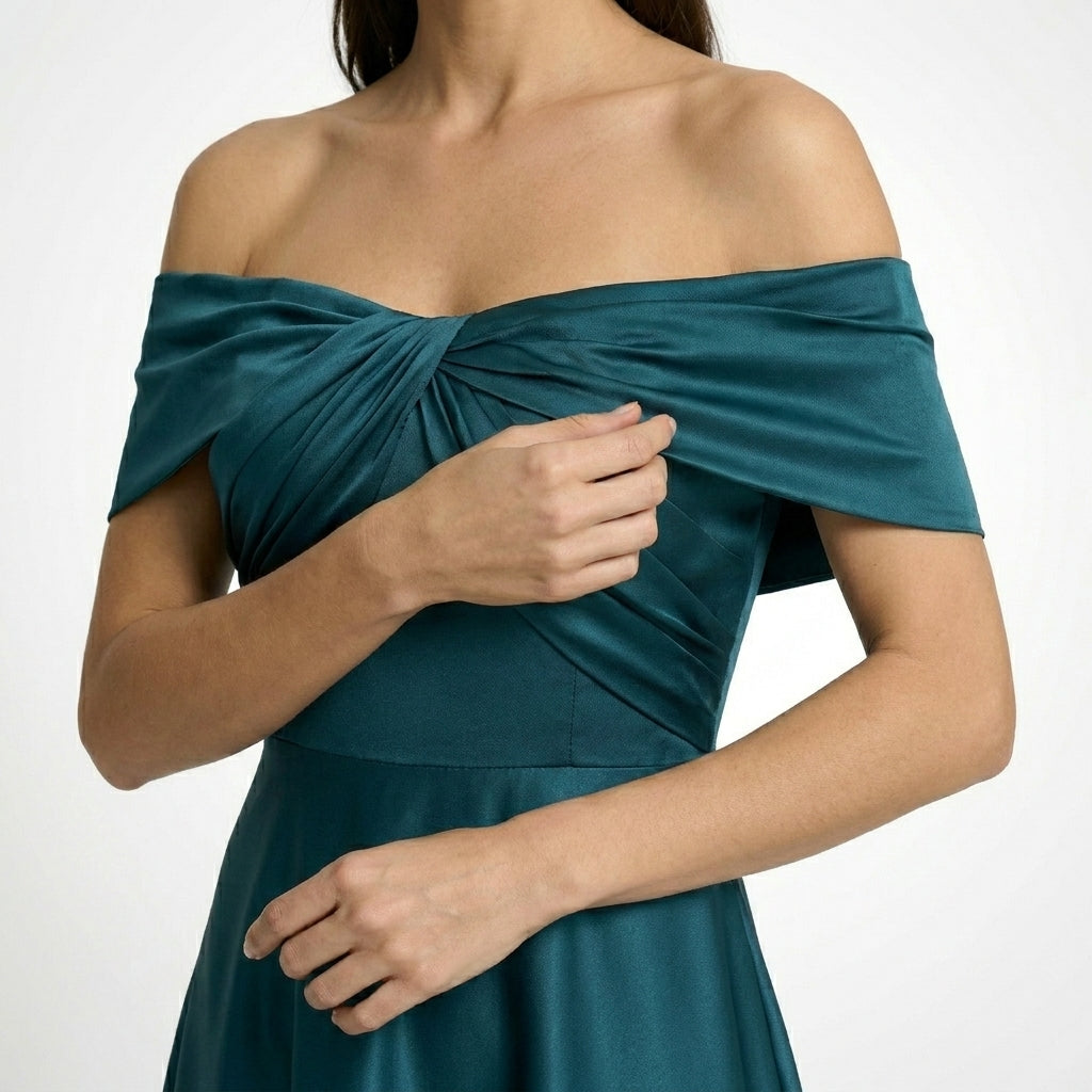 Womens Satin Maxi Dress | Elegant Off-Shoulder Wedding Guest Gown 4
