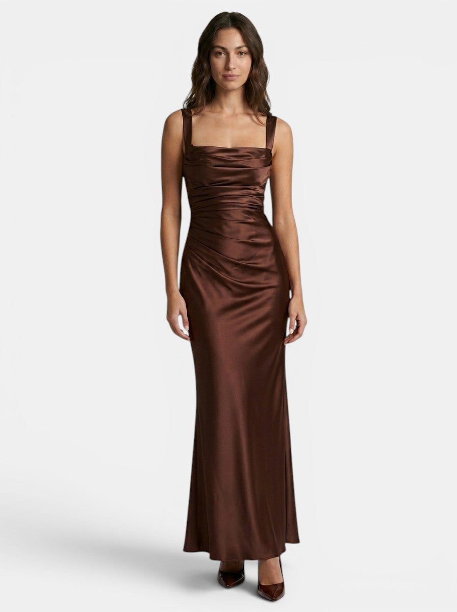 Robe longue en satin pour femme | Robe de soirée élégante plissée