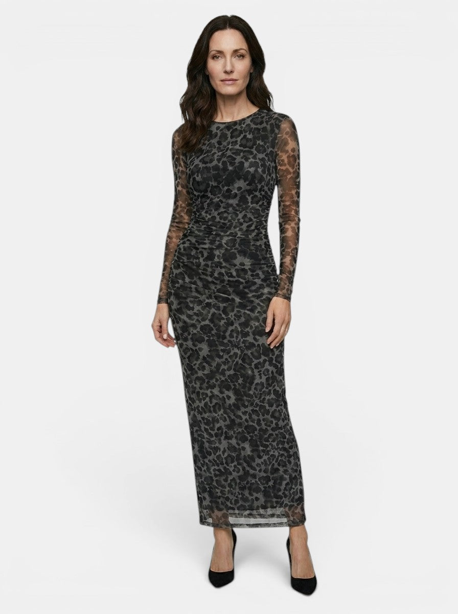Womens Sheer Leopard Print Dress | Elegant Fitted Long Sleeve Cocktail Dress 8