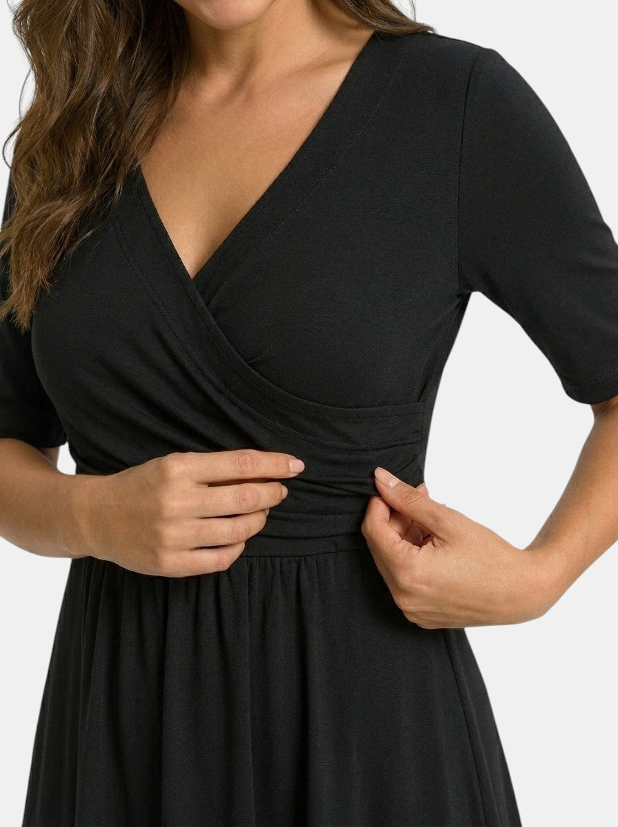 Women's Smooth Midi Dress | Elegant Wrap-Style V-Neck with Pockets
