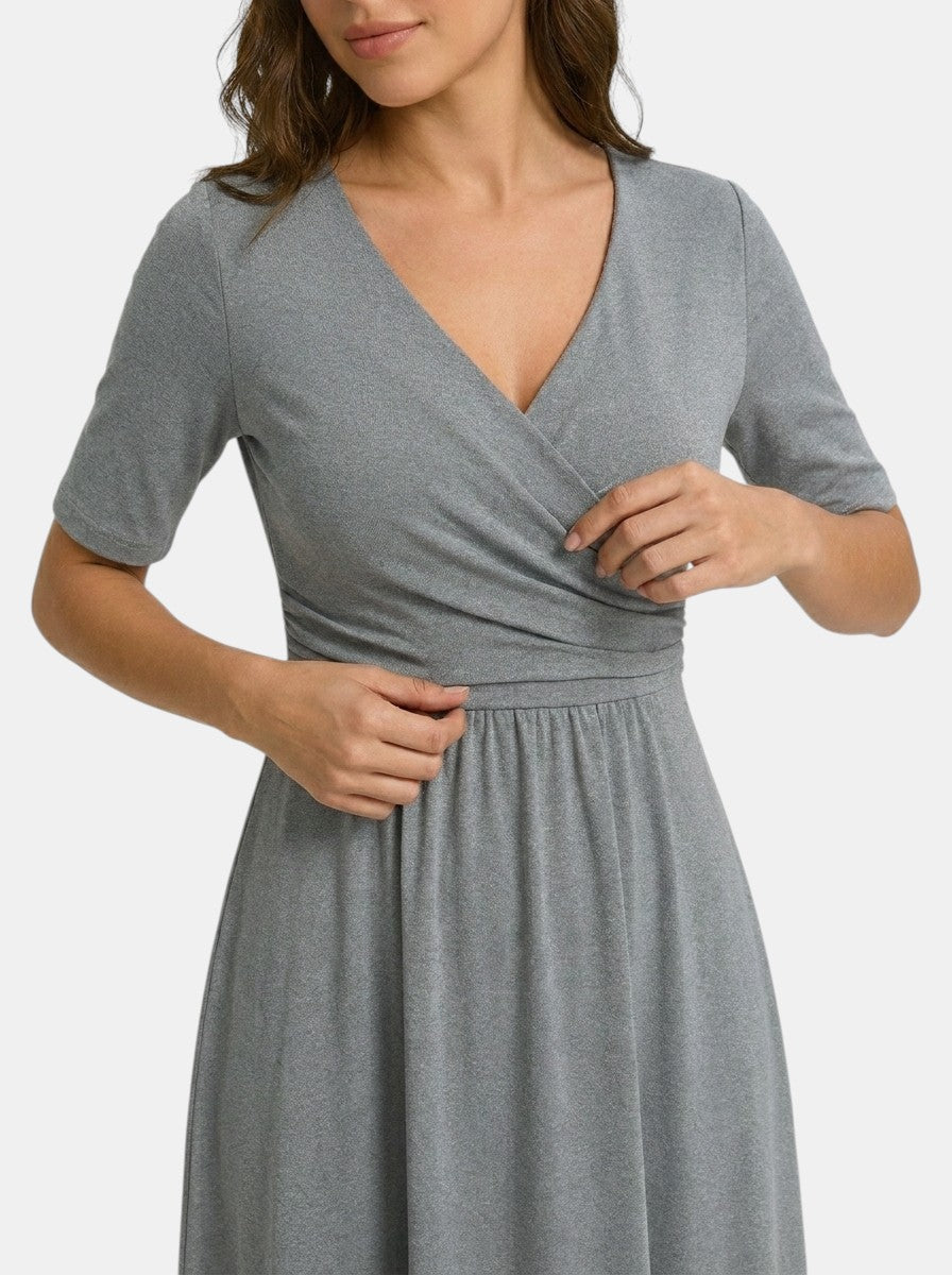 Women's Smooth Midi Dress | Elegant Wrap-Style V-Neck with Pockets
