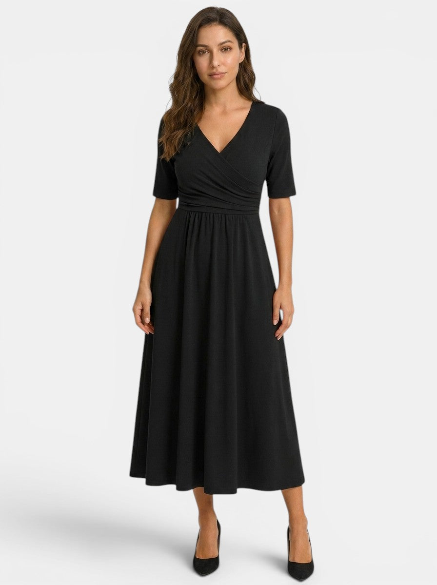 Women's Smooth Midi Dress | Elegant Wrap-Style V-Neck with Pockets