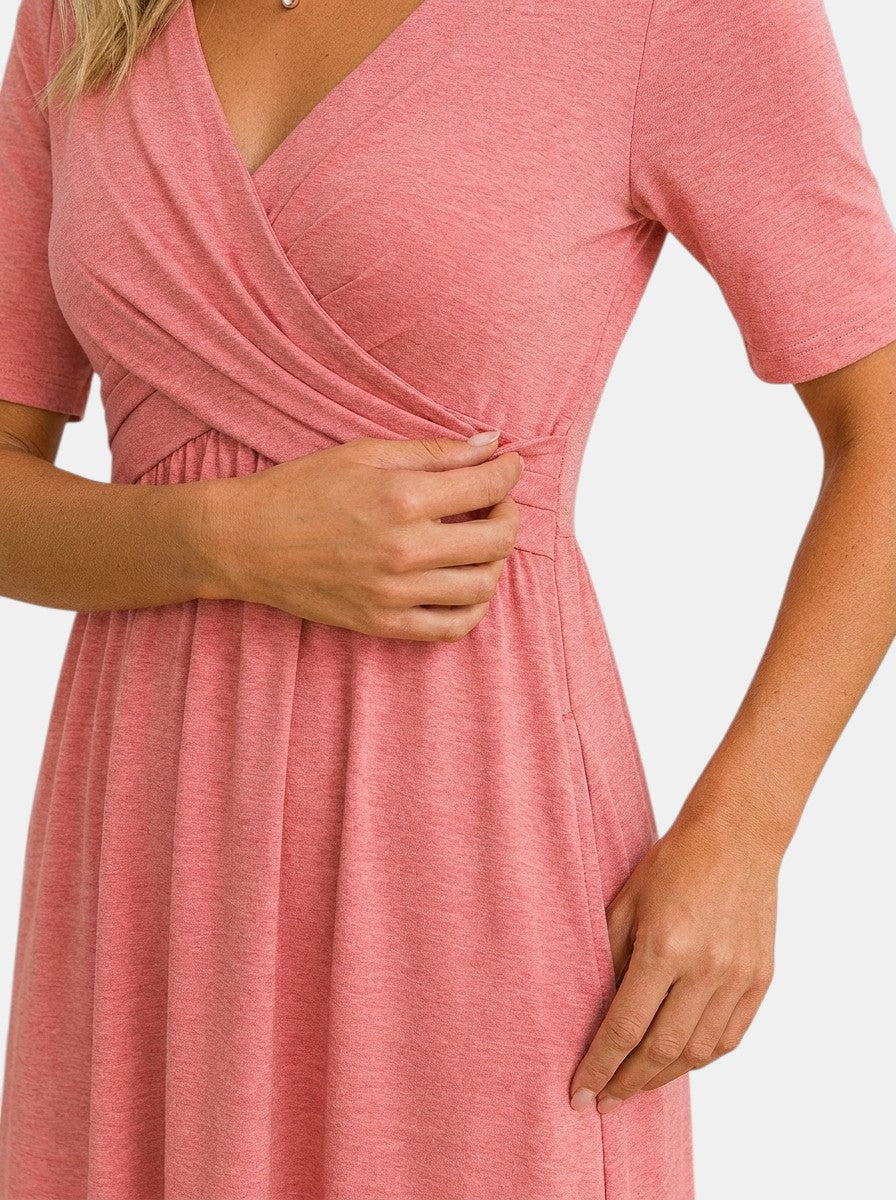 Women's Smooth Midi Dress | Elegant Wrap-Style V-Neck with Pockets