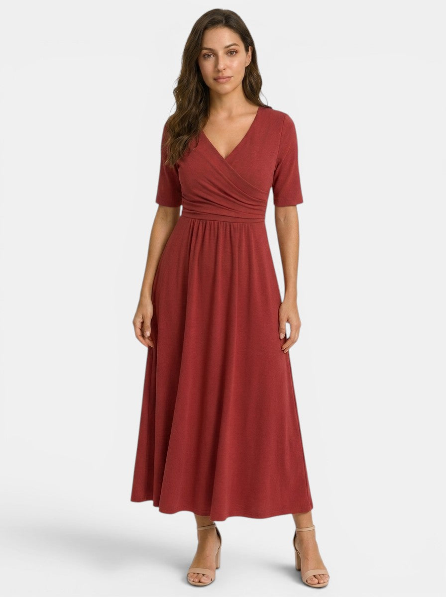 Women's Smooth Midi Dress | Elegant Wrap-Style V-Neck with Pockets