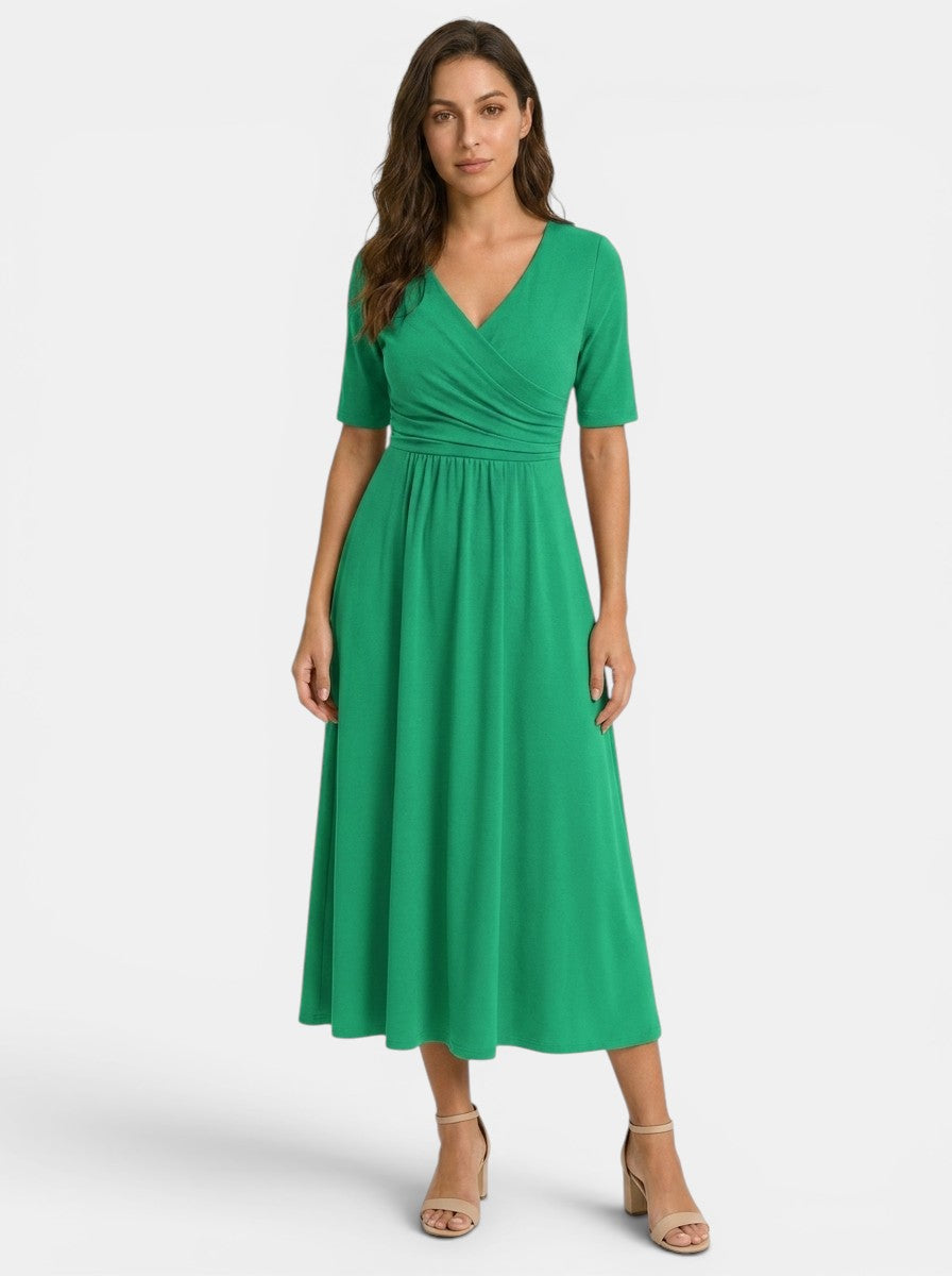 Women's Smooth Midi Dress | Elegant Wrap-Style V-Neck with Pockets