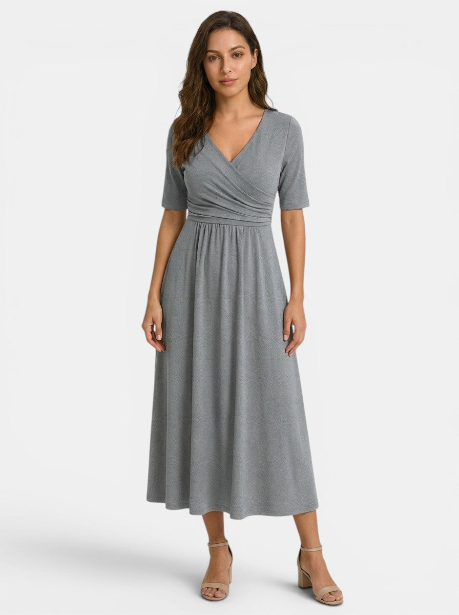 Women's Smooth Midi Dress | Elegant Wrap-Style V-Neck with Pockets