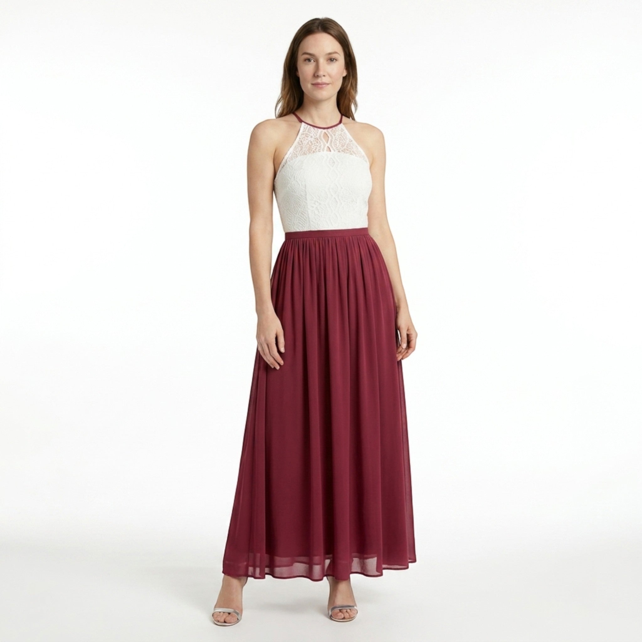 Robe longue douce à couches pour femme | Col halter élégant pour occasions estivales