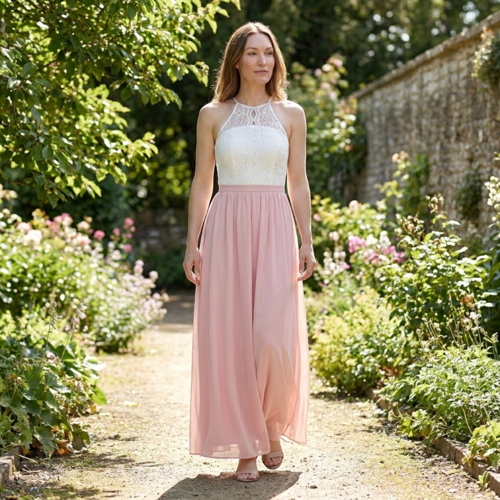 Robe longue douce à couches pour femme | Col halter élégant pour occasions estivales