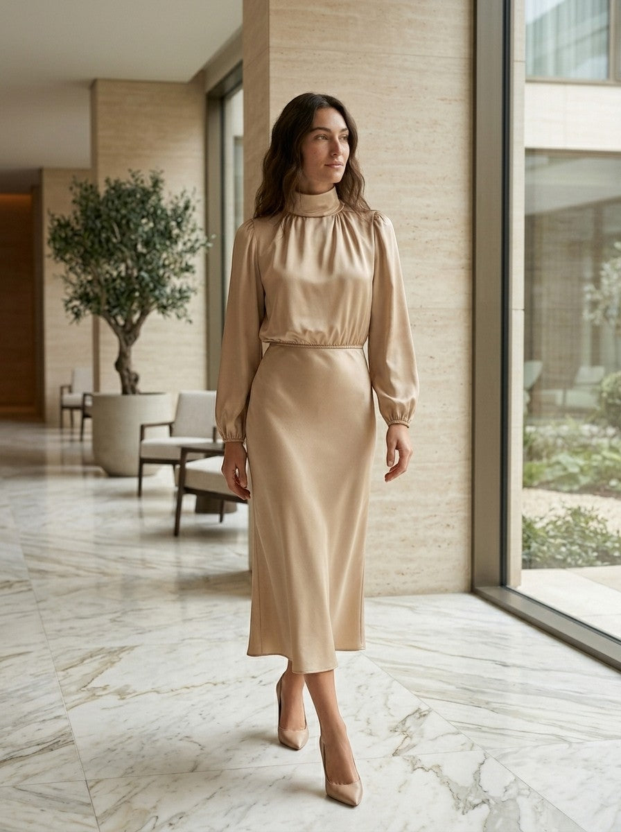 Women's Softly Draped Midi Dress | Elegant High-Neck Long Sleeve Formal Dress