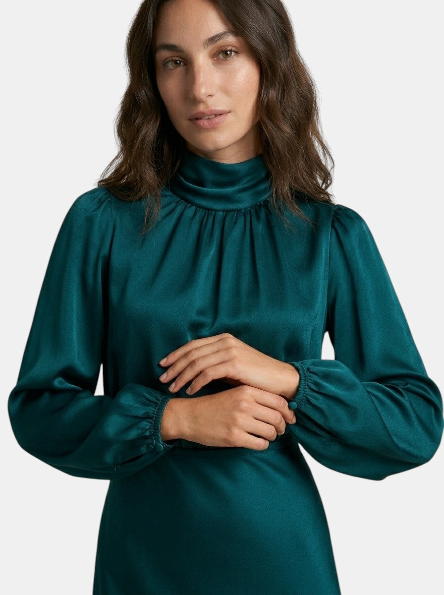 Robe midi fluide pour femme | Robe formelle élégante à col montant et manches longues