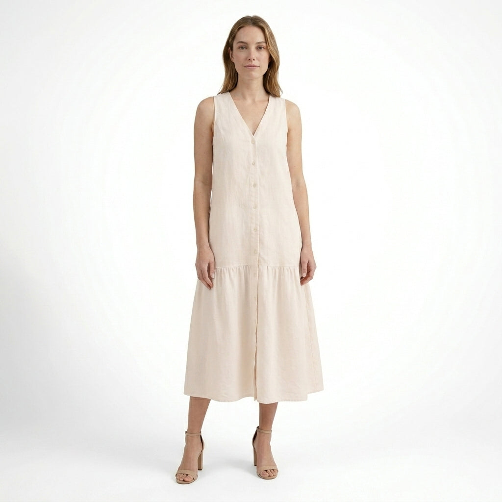 Womens Solid Linen Maxi Dress | Elegant Sleeveless V-Neck Summer Dress 3