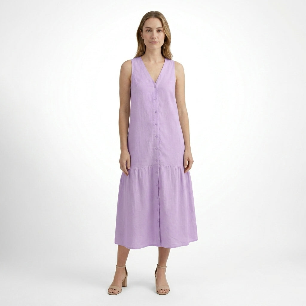 Womens Solid Linen Maxi Dress | Elegant Sleeveless V-Neck Summer Dress 5