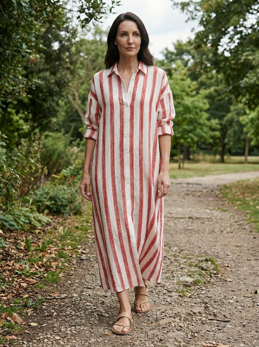 Womens Striped Cotton Maxi Dress | Elegant Long Sleeve Casual Dress 1