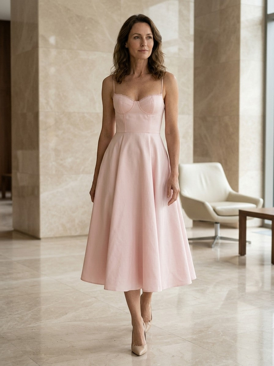 Vestido midi estructurado para mujer con corsé | Diseño elegante con falda acampanada
