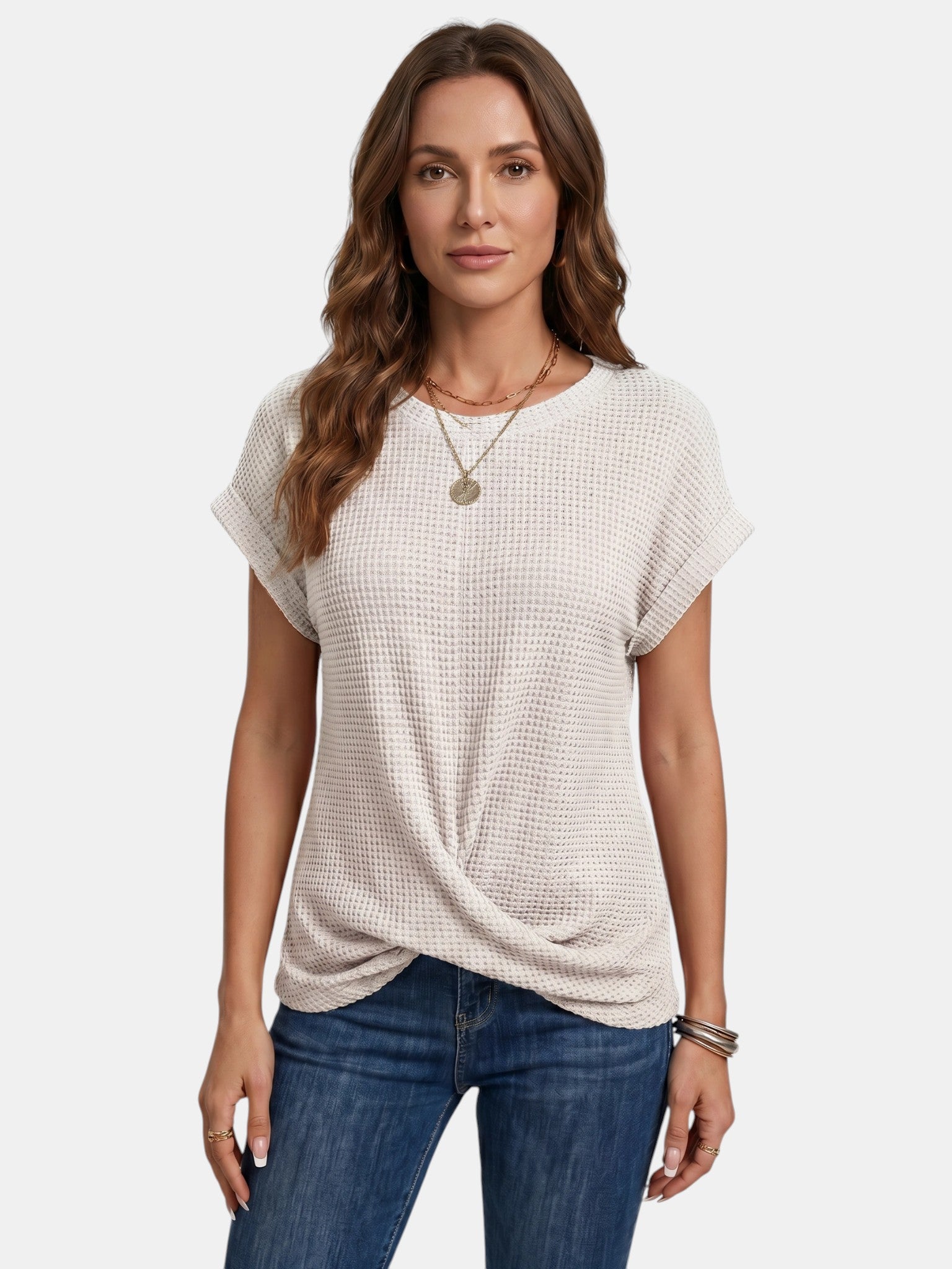 Camiseta de punto waffle texturizado para mujer | Top casual de corte relajado con detalle favorecedor