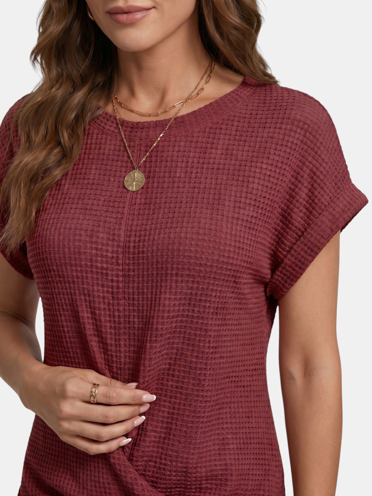 Camiseta de punto waffle texturizado para mujer | Top casual de corte relajado con detalle favorecedor