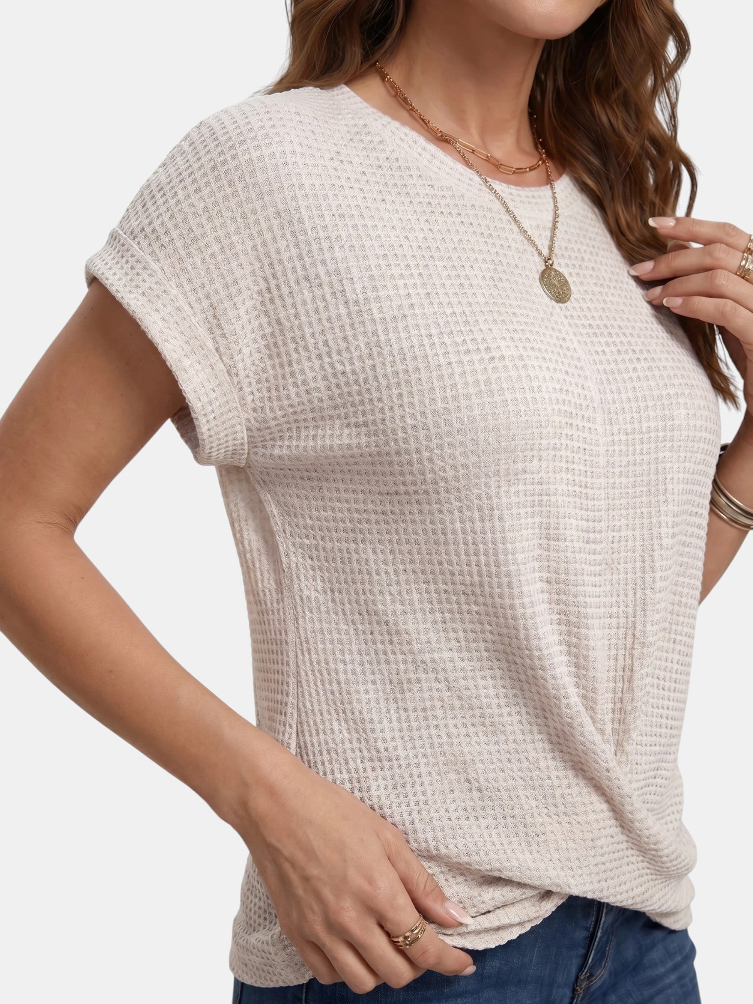 Camiseta de punto waffle texturizado para mujer | Top casual de corte relajado con detalle favorecedor
